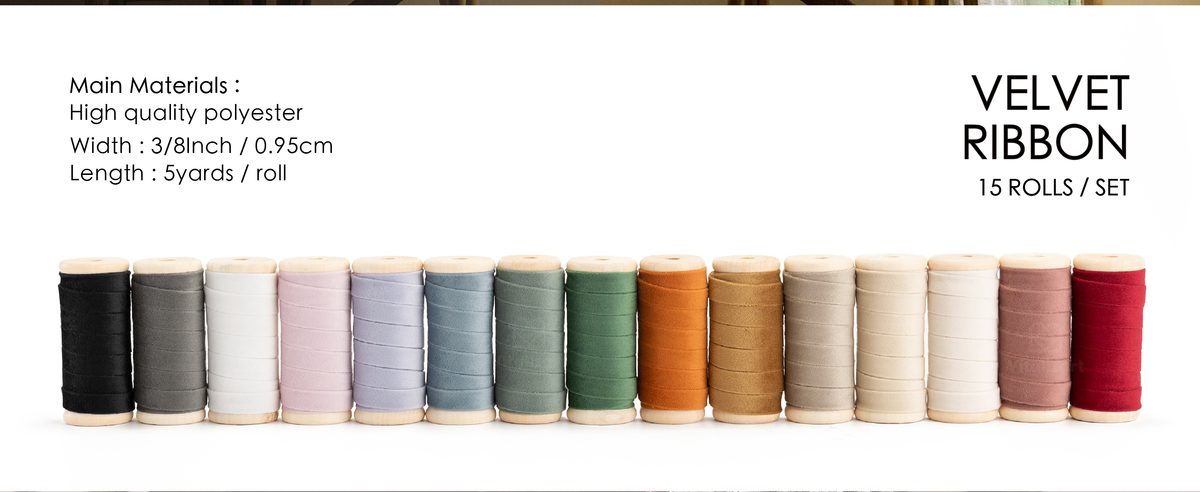 Fifteen polyester velvet ribbon colors on wooden spools, each 3/8 inch wide and 5 yards long.
