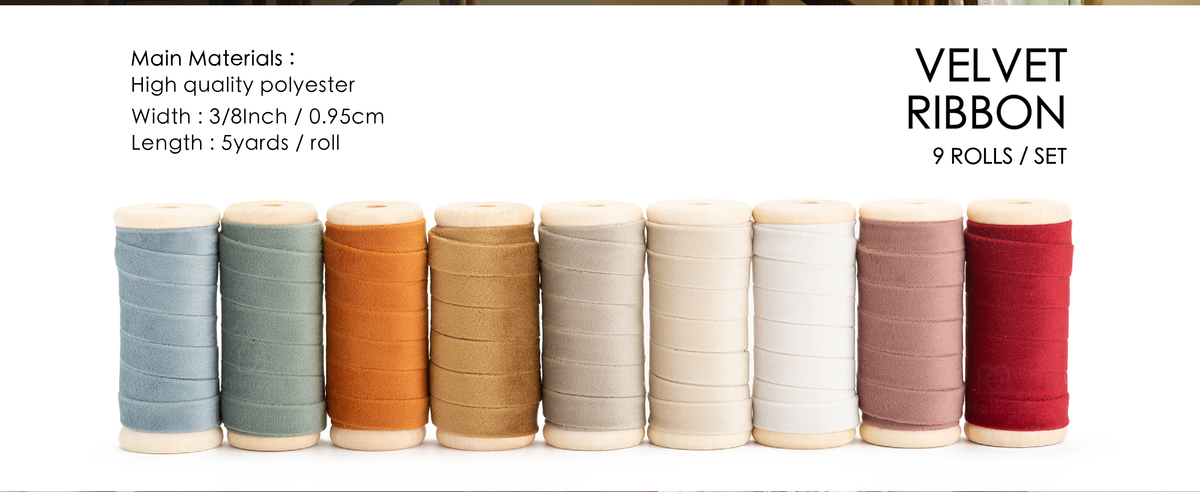 Nine wooden spools of 3/8-inch polyester velvet ribbon in muted blue, green, orange, neutrals, pink, and red.