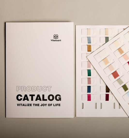 Vitalizart ribbon product catalog with frayed fabric ribbon color swatch cards