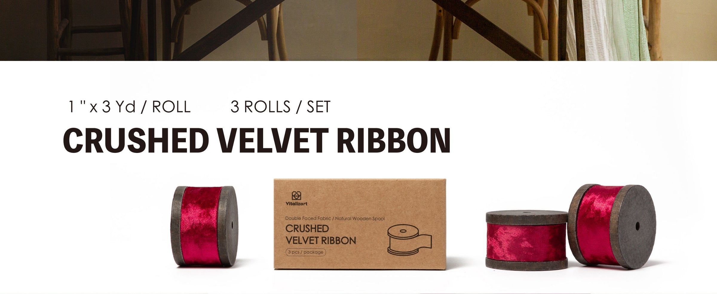 Three rolls of 1-inch deep red crushed velvet ribbon on dark wooden spools beside the kraft box