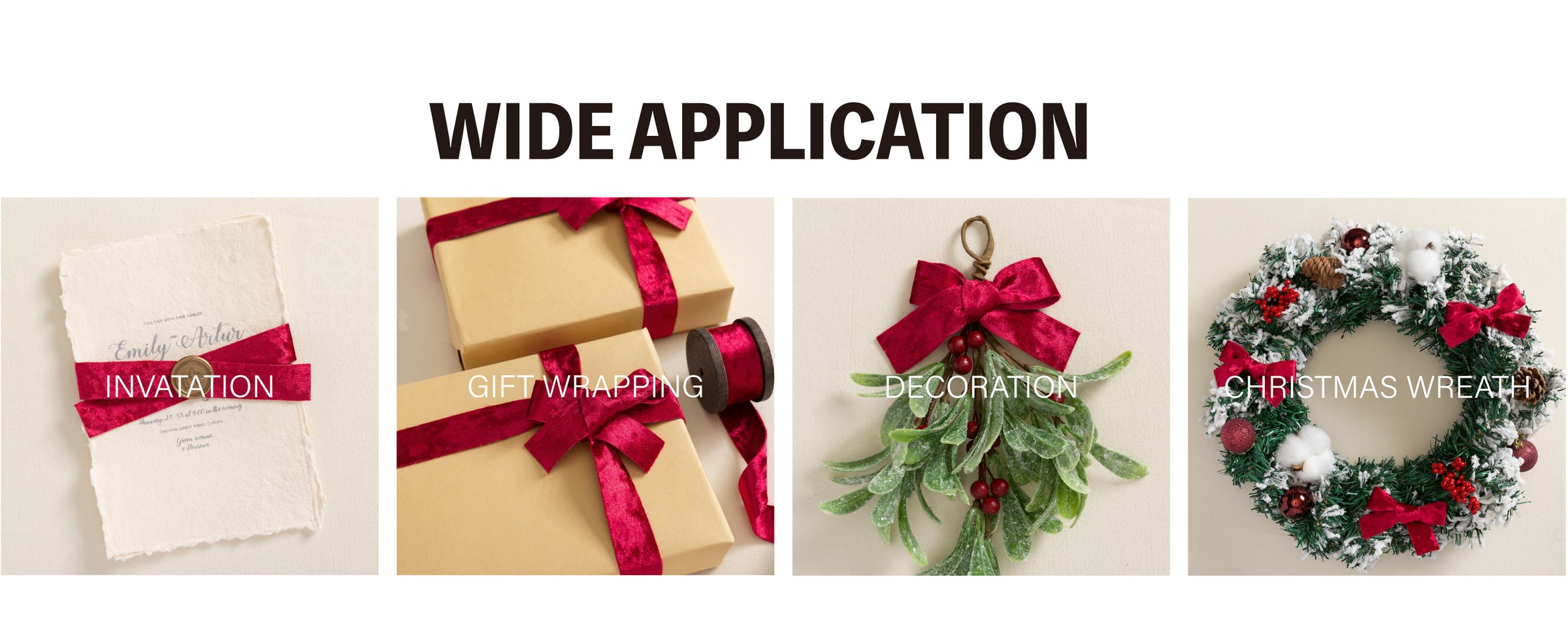 Deep red velvet ribbon wrapped around an invitation and kraft gift boxes with matching bows