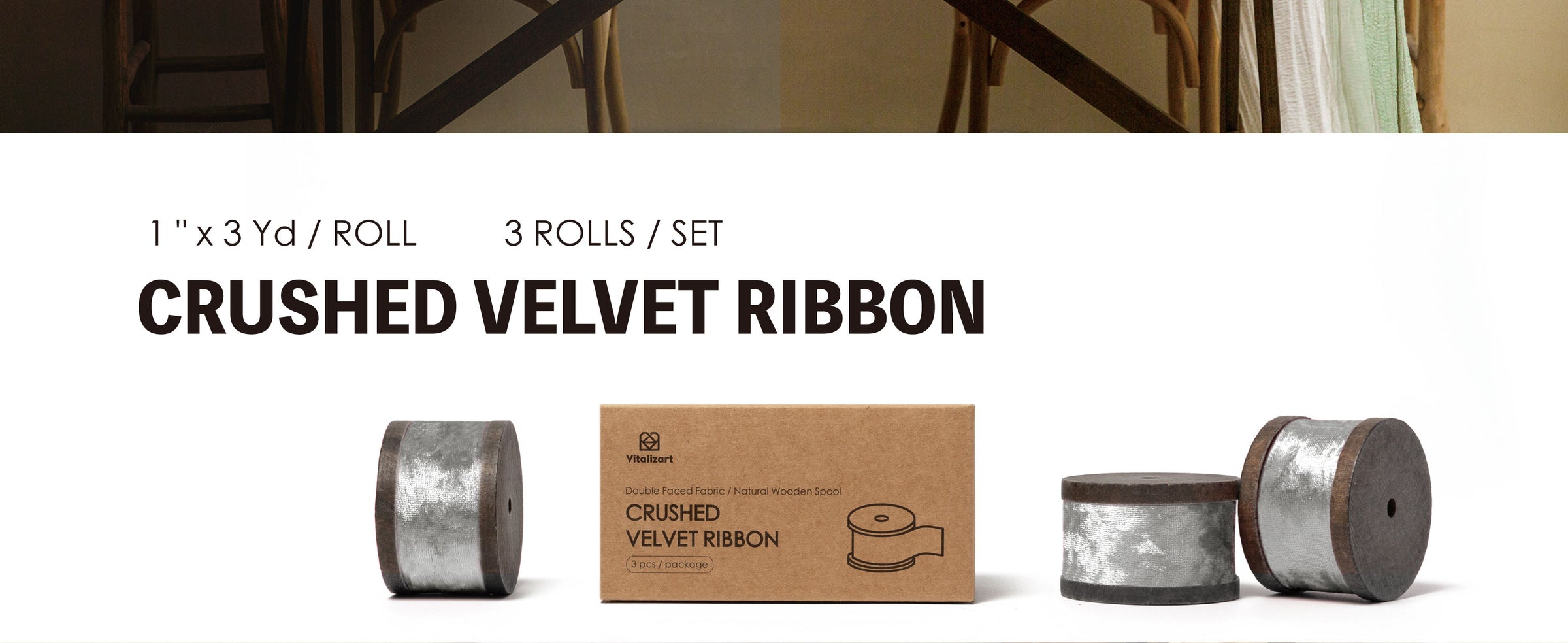 Three rolls of 1-inch metallic silver crushed velvet ribbon on dark wooden spools beside the kraft box