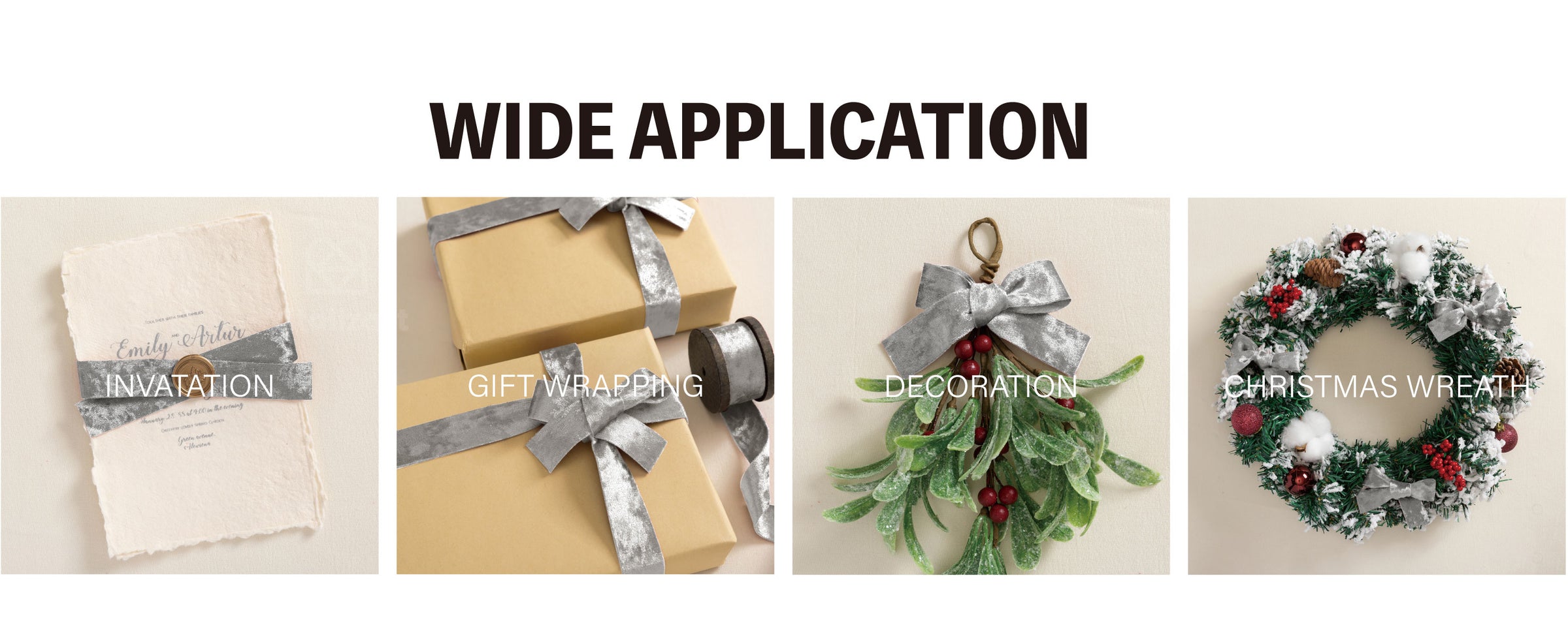 Metallic silver velvet ribbon wrapped around an invitation and kraft gift boxes with matching bows