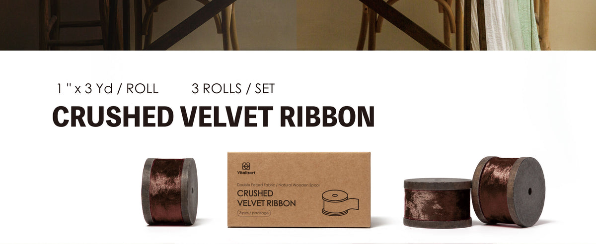 Three rolls of 1-inch dark brown crushed velvet ribbon on wooden spools with kraft box.