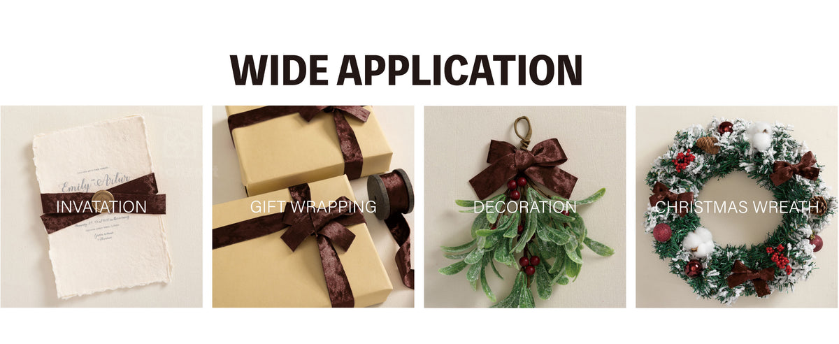 Dark brown velvet ribbon used on a sealed invitation and kraft-paper gift boxes with bows.