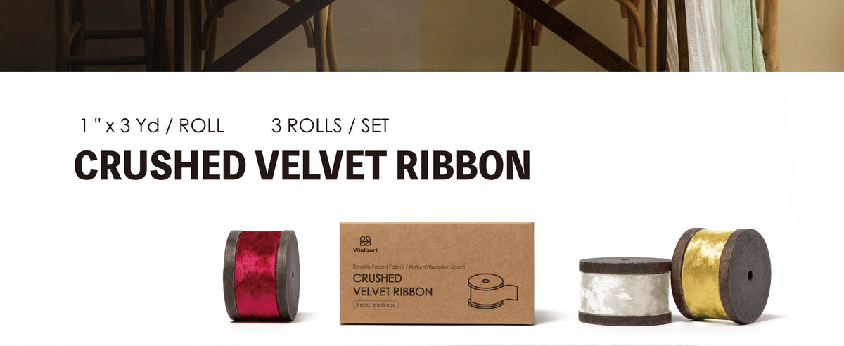 Three rolls of 1-inch crushed velvet ribbon in red, white, and gold on wooden spools.