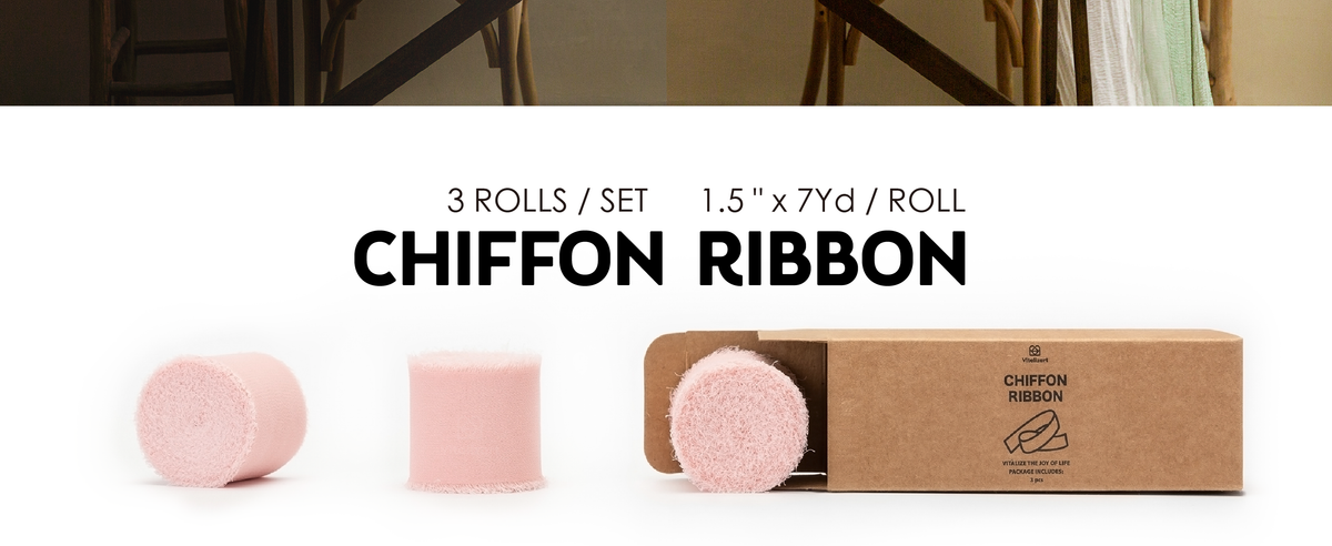 Three rolls of light pink fringed chiffon ribbon displayed beside an open kraft storage box