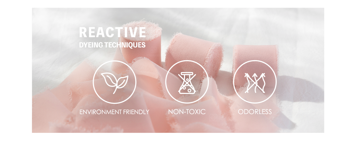 Light pink fringed chiffon ribbon with icons labeling environmentally friendly, non-toxic, and odorless dyeing