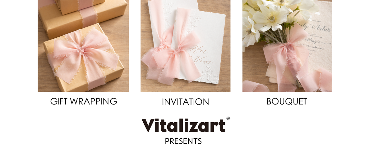 Light pink frayed chiffon ribbon decorating kraft gifts, wedding invitations, and a white flower bouquet.
