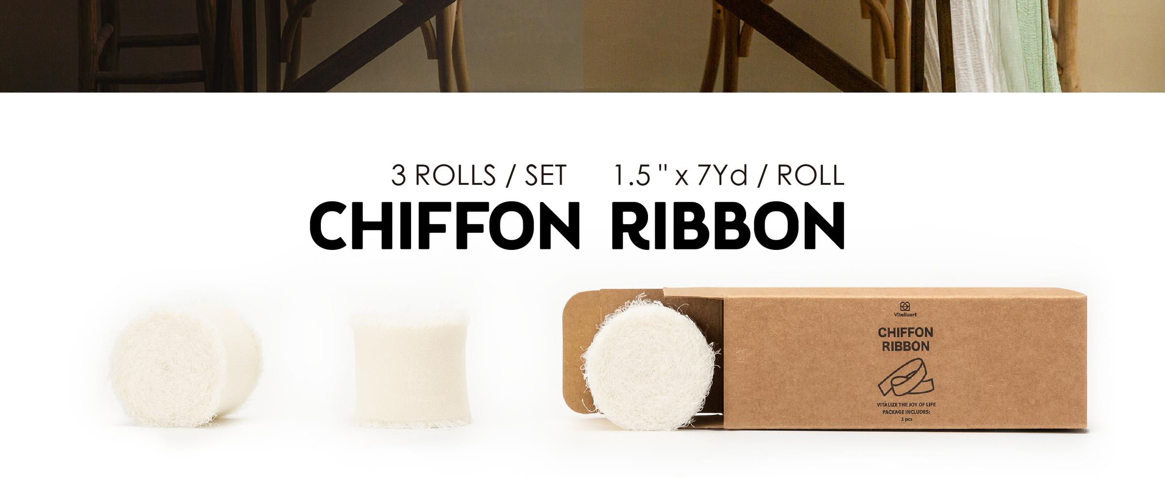 Three cream-white frayed chiffon ribbon rolls beside a kraft box, each measuring 1.5 inches by 7 yards.