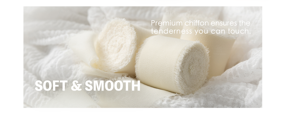 Cream-white chiffon ribbon rolls with soft woven texture and feathery frayed edges resting on white gauze.