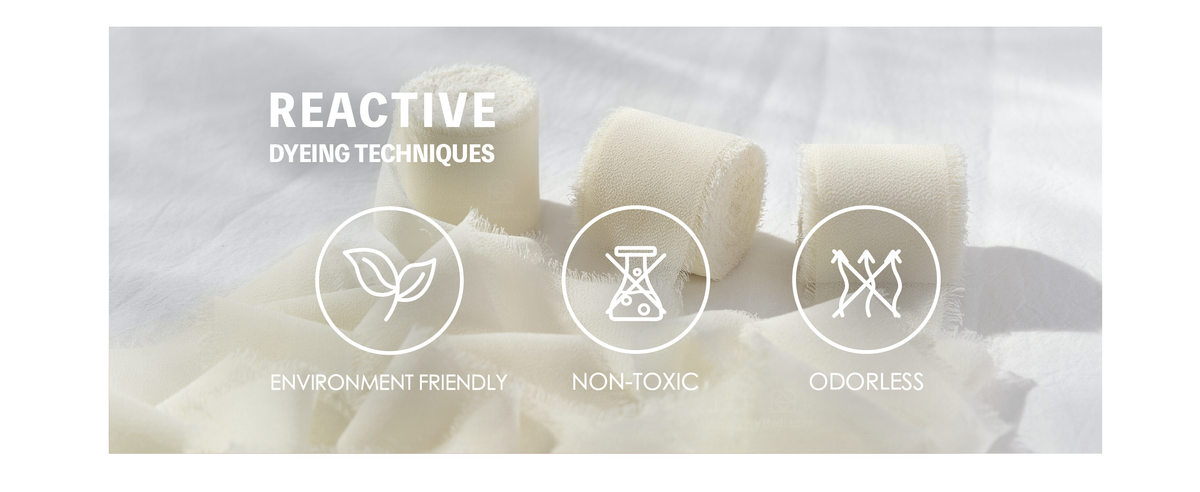 Cream-white frayed chiffon ribbon with icons labeling environmentally friendly, non-toxic, and odorless dyeing.