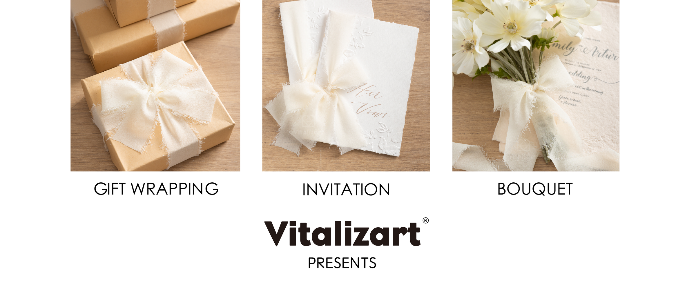 Cream-white frayed chiffon ribbon decorating kraft gifts, wedding invitations, and a white flower bouquet.