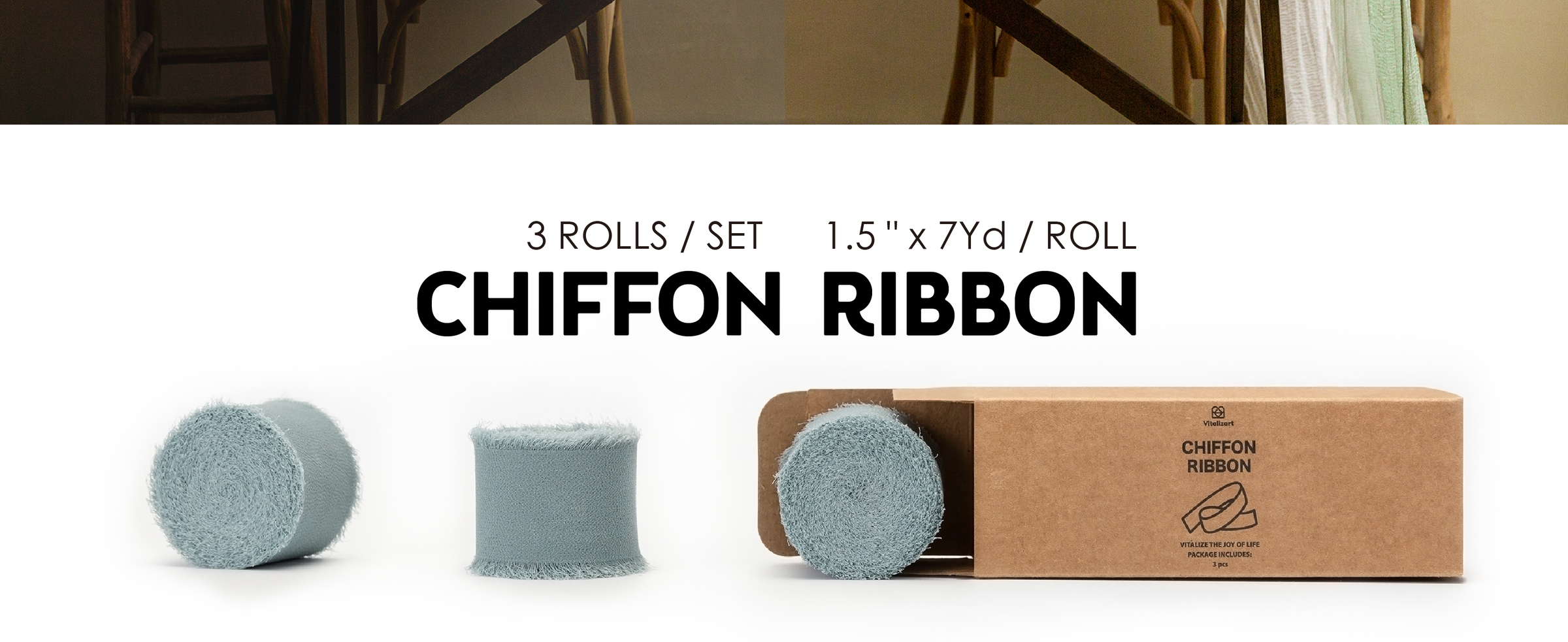 Three dusty blue frayed chiffon ribbon rolls beside a kraft box, each measuring 1.5 inches by 7 yards.
