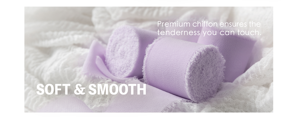 Pale lavender chiffon ribbon rolls with soft woven texture and feathery edges on white fabric.