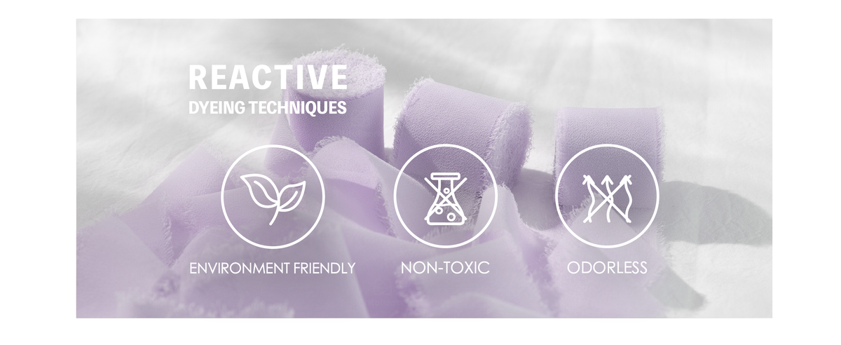 Lavender fringed chiffon ribbon with icons for environmentally friendly, non-toxic, odorless dyeing.