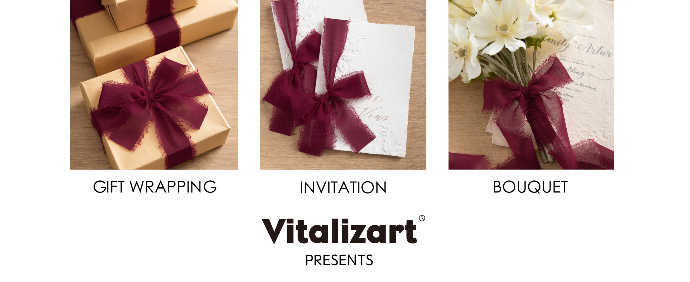 Burgundy fringed chiffon ribbon decorating kraft gifts, white invitations, and a flower bouquet