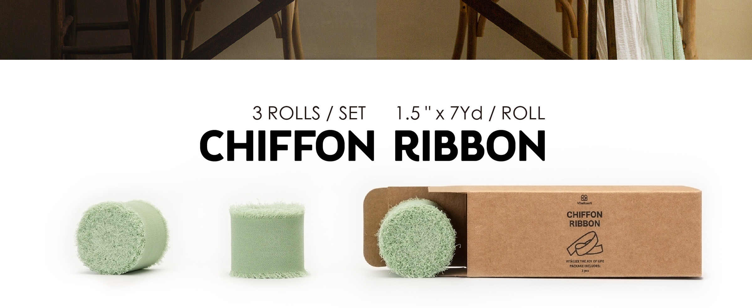 Three 1.5-inch by 7-yard rolls of sage green fringed chiffon ribbon with kraft storage box