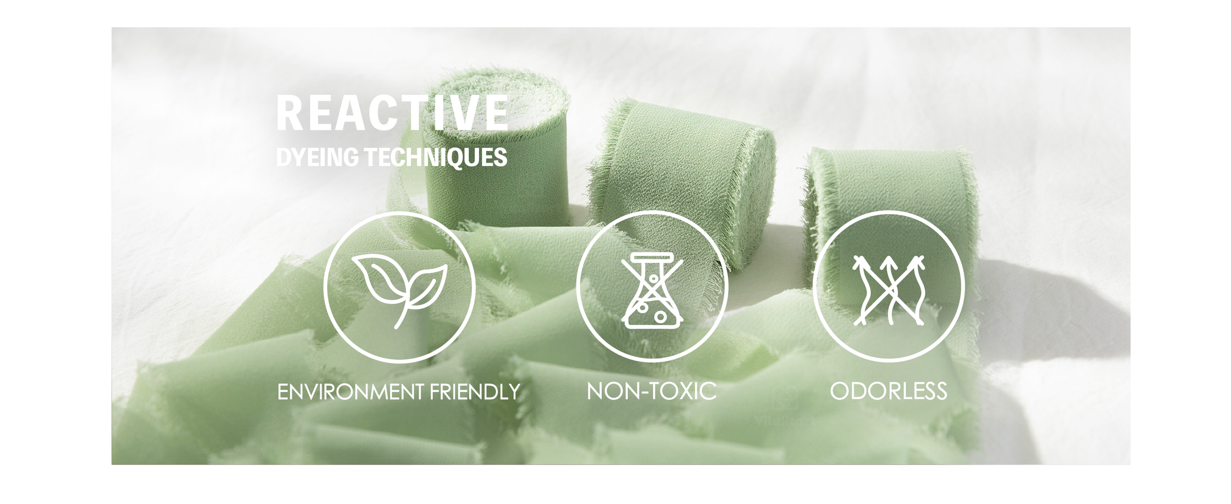 Sage green fringed chiffon ribbon with icons labeled environment friendly, non-toxic, and odorless
