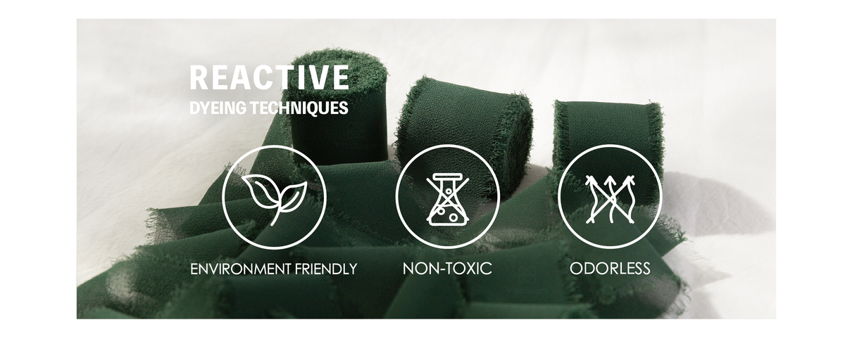 Dark green fringed chiffon ribbon with icons labeled environment friendly, non-toxic, and odorless