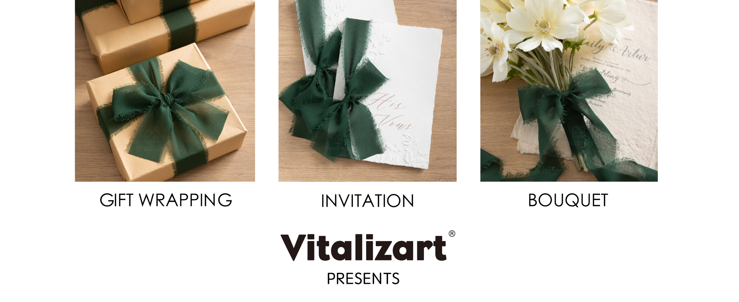 Dark green fringed chiffon ribbon used on gift boxes, invitations, and a white flower bouquet.