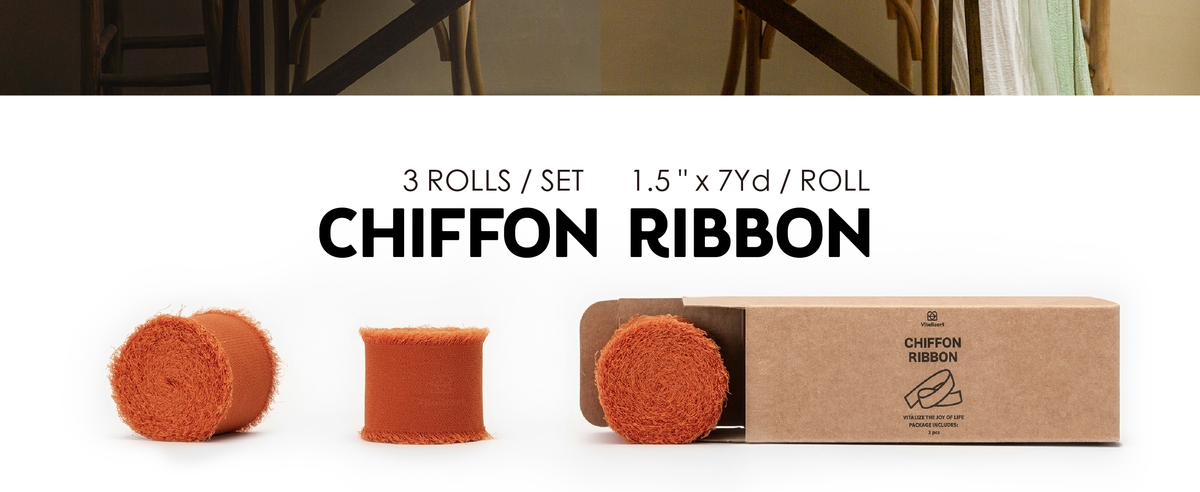 Three terracotta fringed chiffon ribbon rolls with kraft box, each measuring 1.5 inches by 7 yards.
