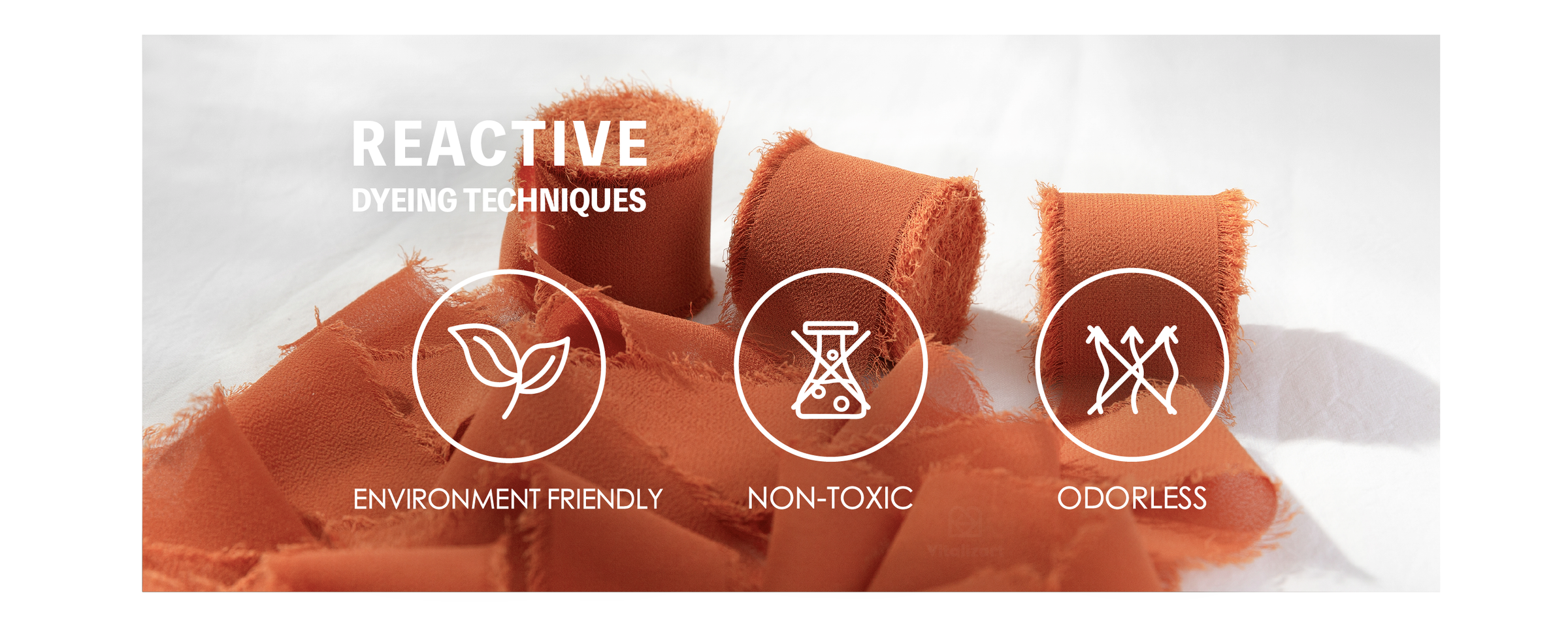 Terracotta fringed chiffon ribbon with icons labeling it environment friendly, non-toxic, and odorless.