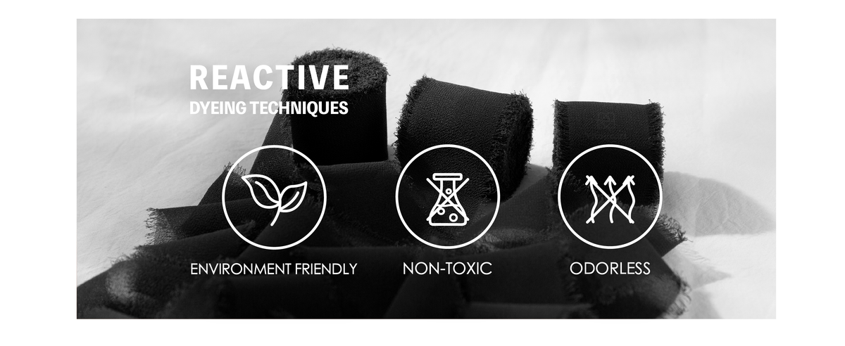 Black fringed chiffon ribbon with icons labeling it environment friendly, non-toxic, and odorless.