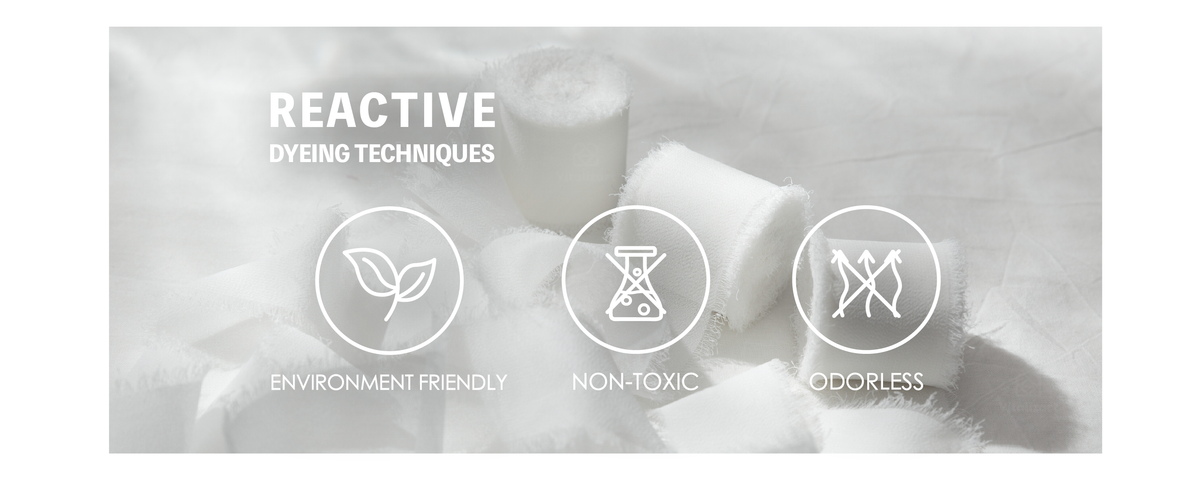 White frayed chiffon ribbon with icons labeling environment friendly, non-toxic, and odorless features.