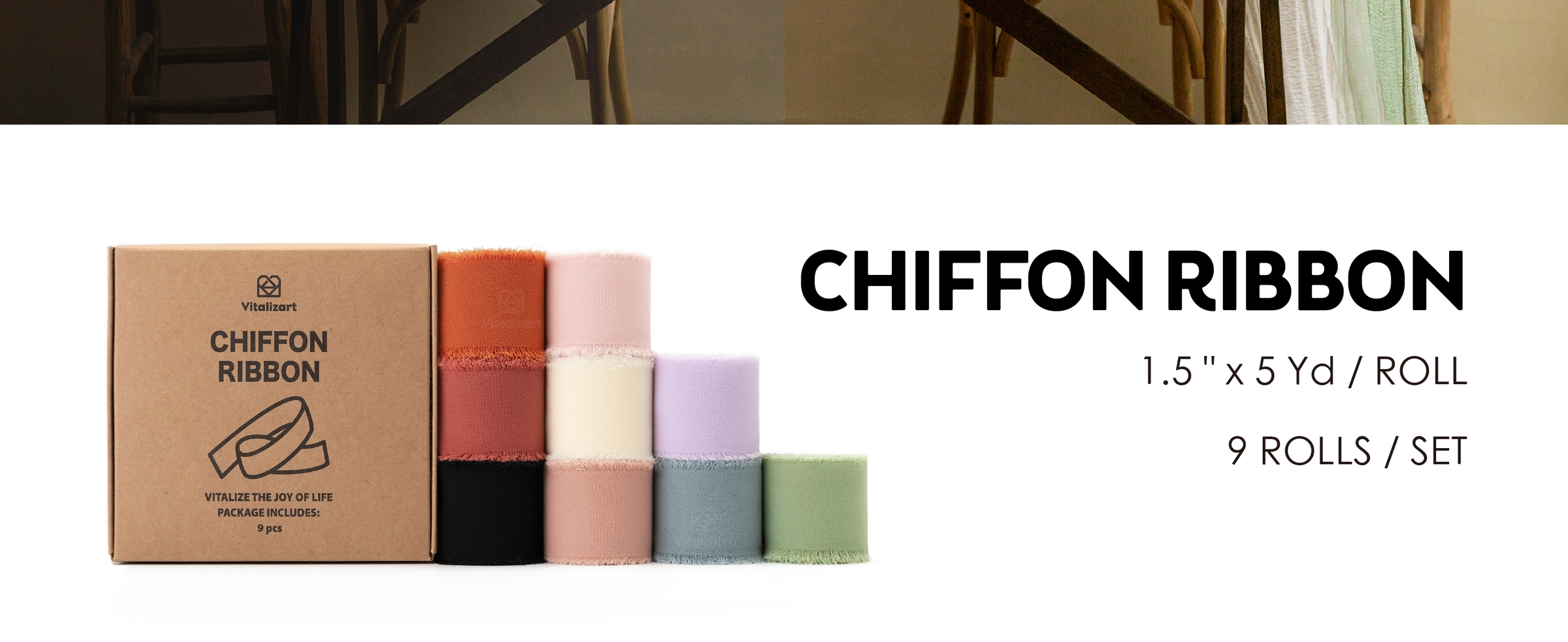 Boxed set of nine mixed-color fringed chiffon ribbon rolls, each 1.5 inches by 5 yards