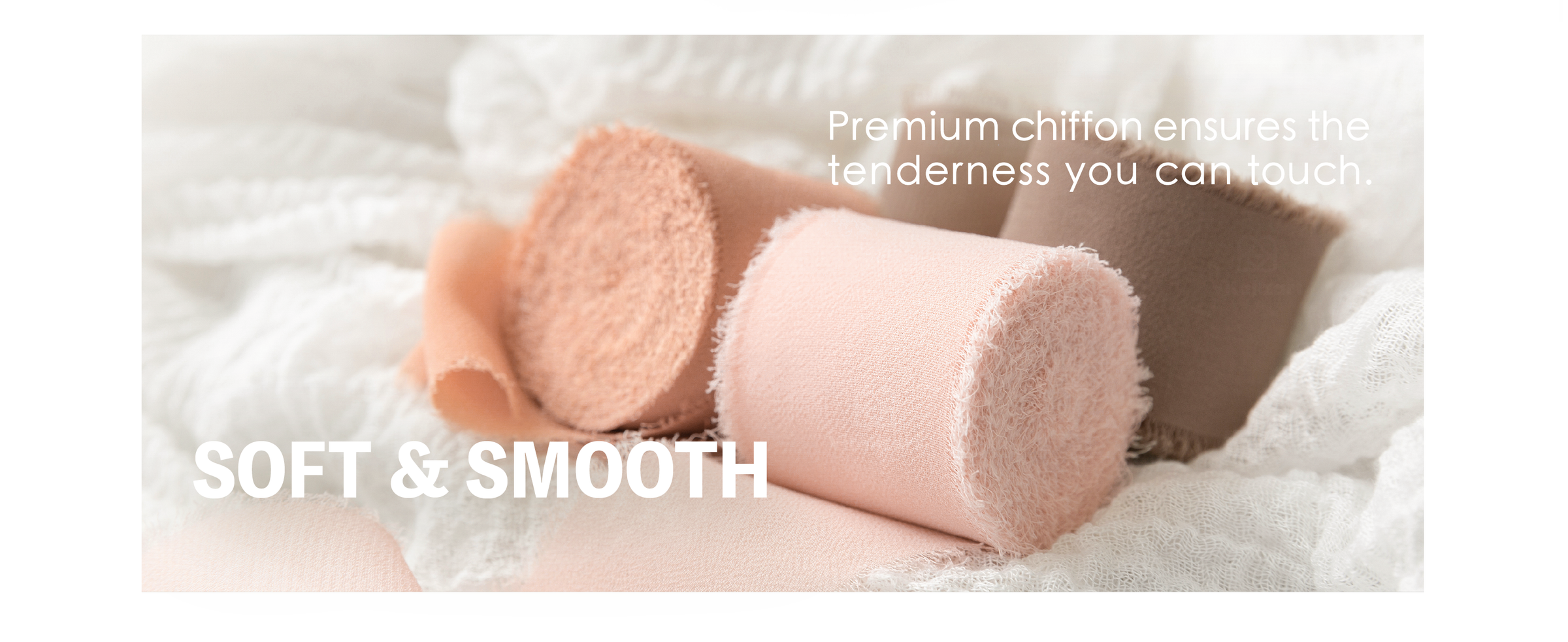 Close-up of pale pink, peach, and taupe chiffon ribbon rolls with soft woven texture and fringed edges.