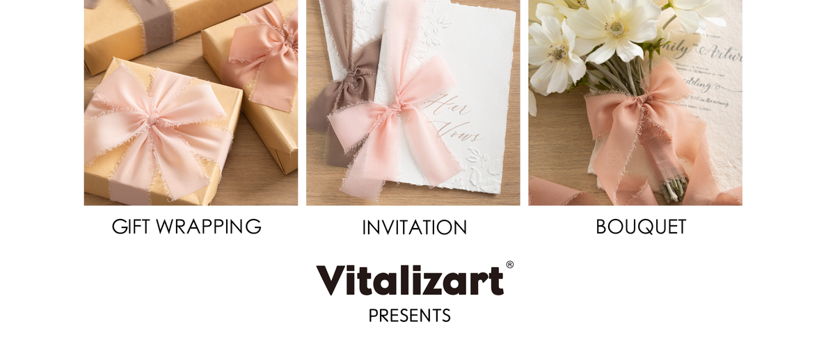 Taupe, peach, and pink fringed chiffon ribbons decorate gift boxes, invitations, and a white bouquet.