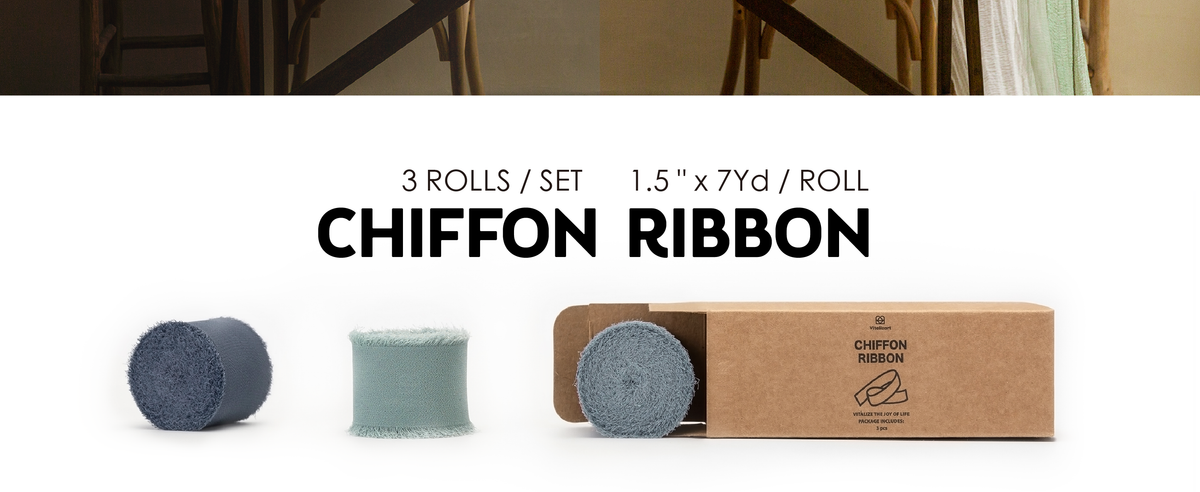 Three rolls of slate, pale blue-green, and dusty blue 1.5-inch fringed chiffon ribbon beside a kraft box.