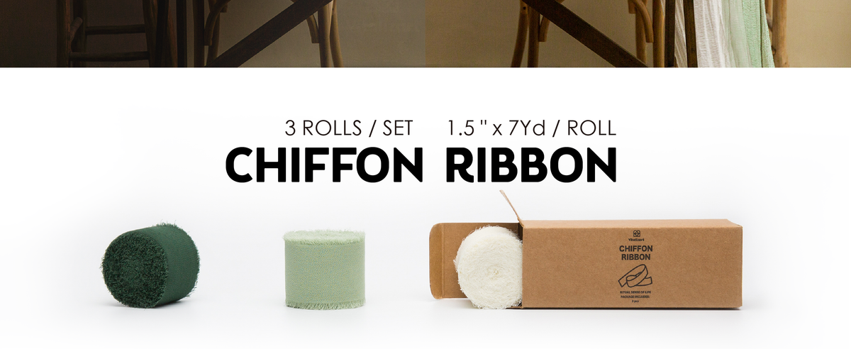 Cream and green frayed chiffon ribbon set shown as three coordinated rolls with package and size details