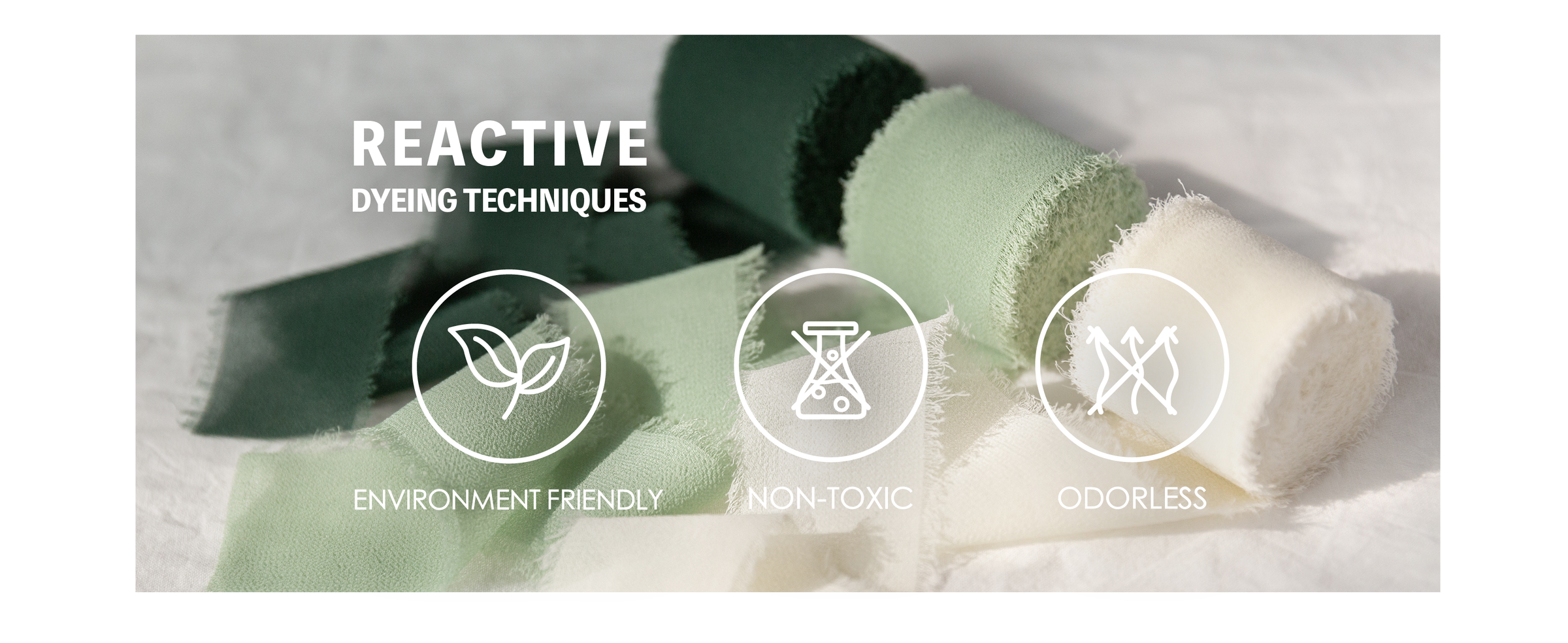 Cream and green chiffon ribbon swatches shown with reactive dyeing details