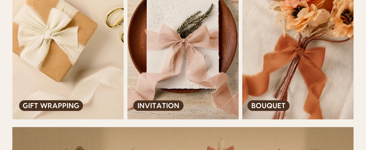Cream, blush, and terracotta frayed chiffon bows on a gift, invitation, and flower bouquet.