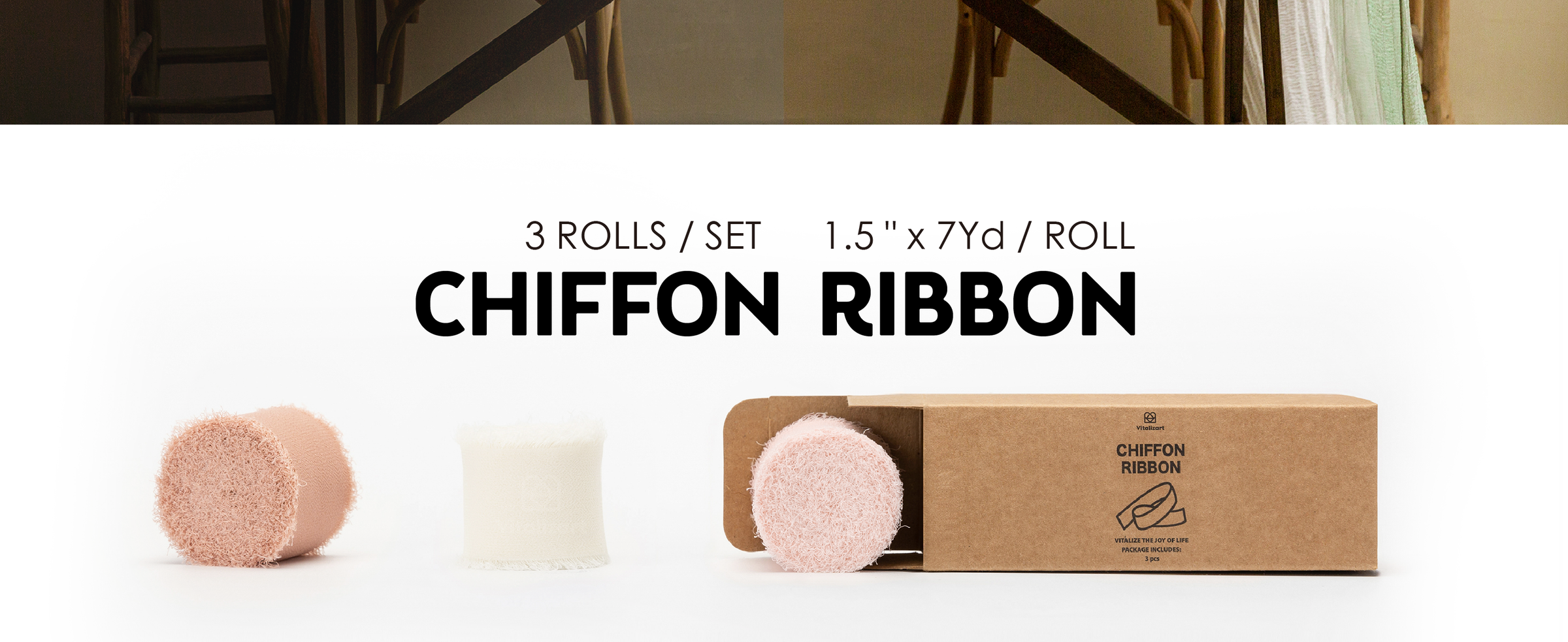 Three-roll set of blush, pale pink, and cream frayed chiffon ribbon beside a kraft box.