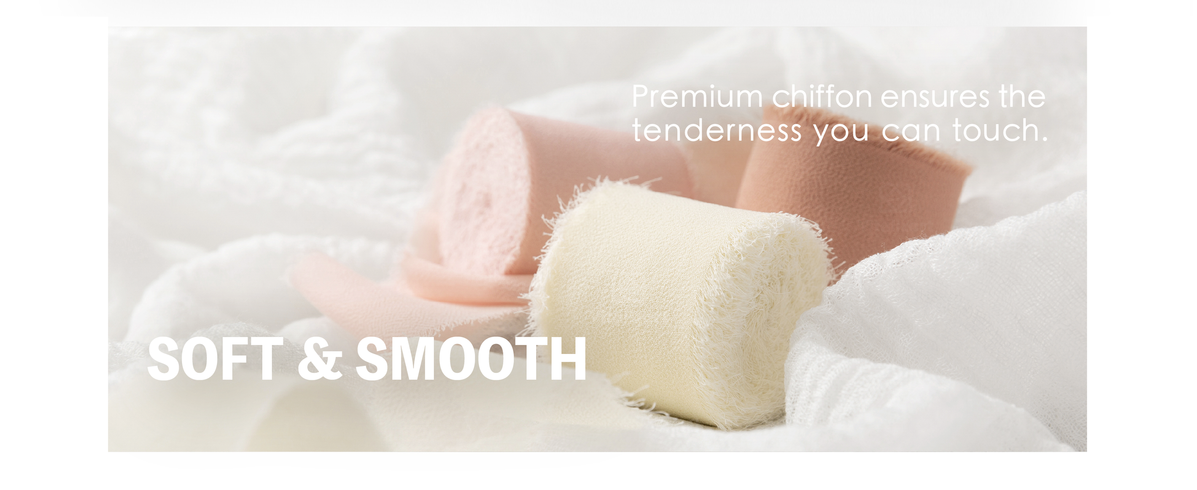 Cream, pale pink, and warm blush chiffon ribbon rolls with soft texture and frayed edges.