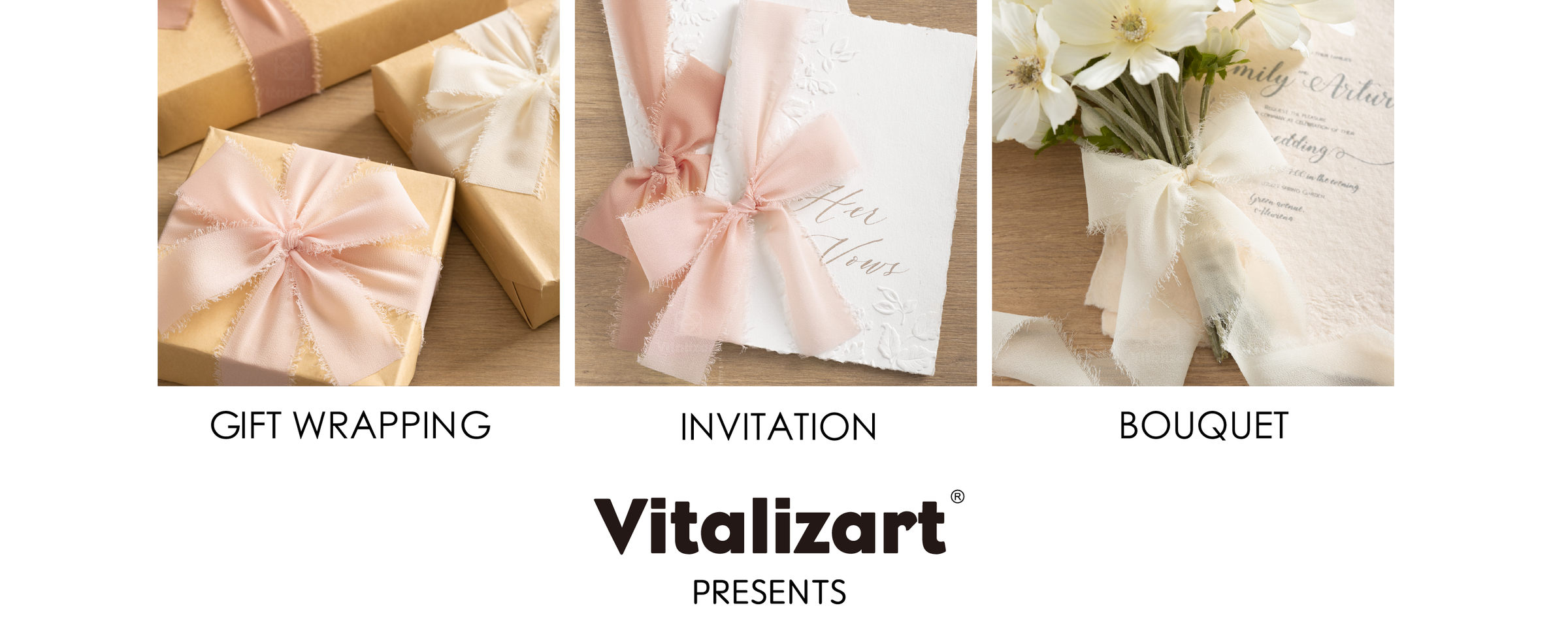 Pink and cream frayed chiffon ribbon used on gift wrapping, invitations, and a flower bouquet