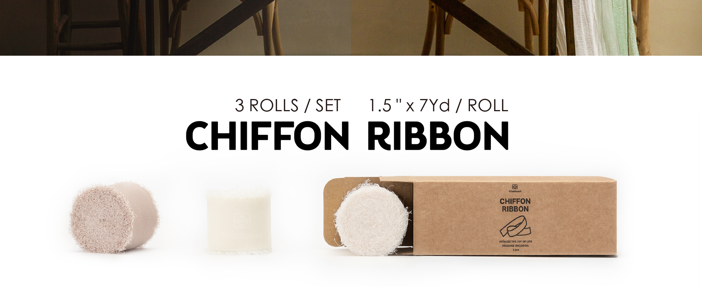 Three rolls of nude, white, and cream frayed chiffon ribbon with kraft storage box
