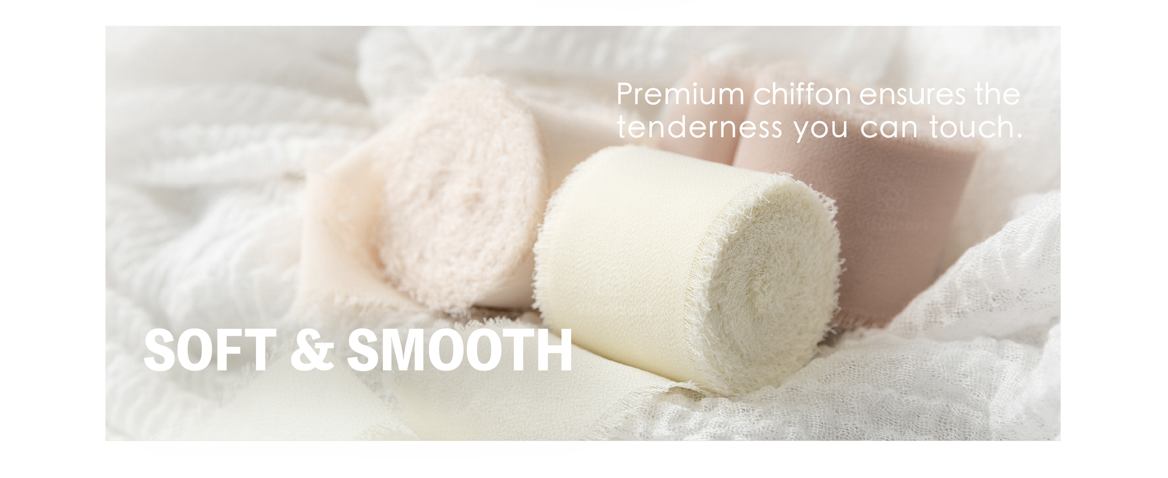 Close-up of cream, white, and dusty nude chiffon ribbon rolls with soft frayed edges