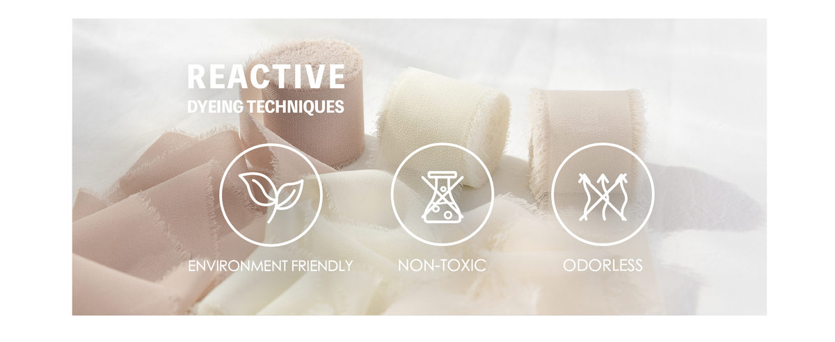 Nude, cream, and white frayed chiffon ribbons with eco-friendly, non-toxic, and odorless icons