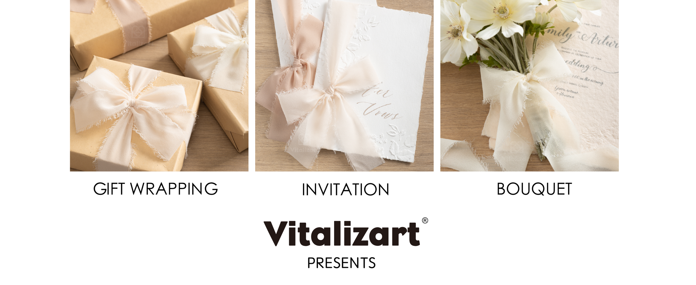 Nude and cream frayed chiffon ribbon used on gift wrapping, invitations, and a flower bouquet