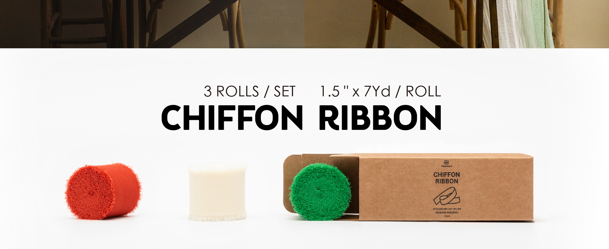Three rolls of red, cream, and green frayed chiffon ribbon with kraft storage box
