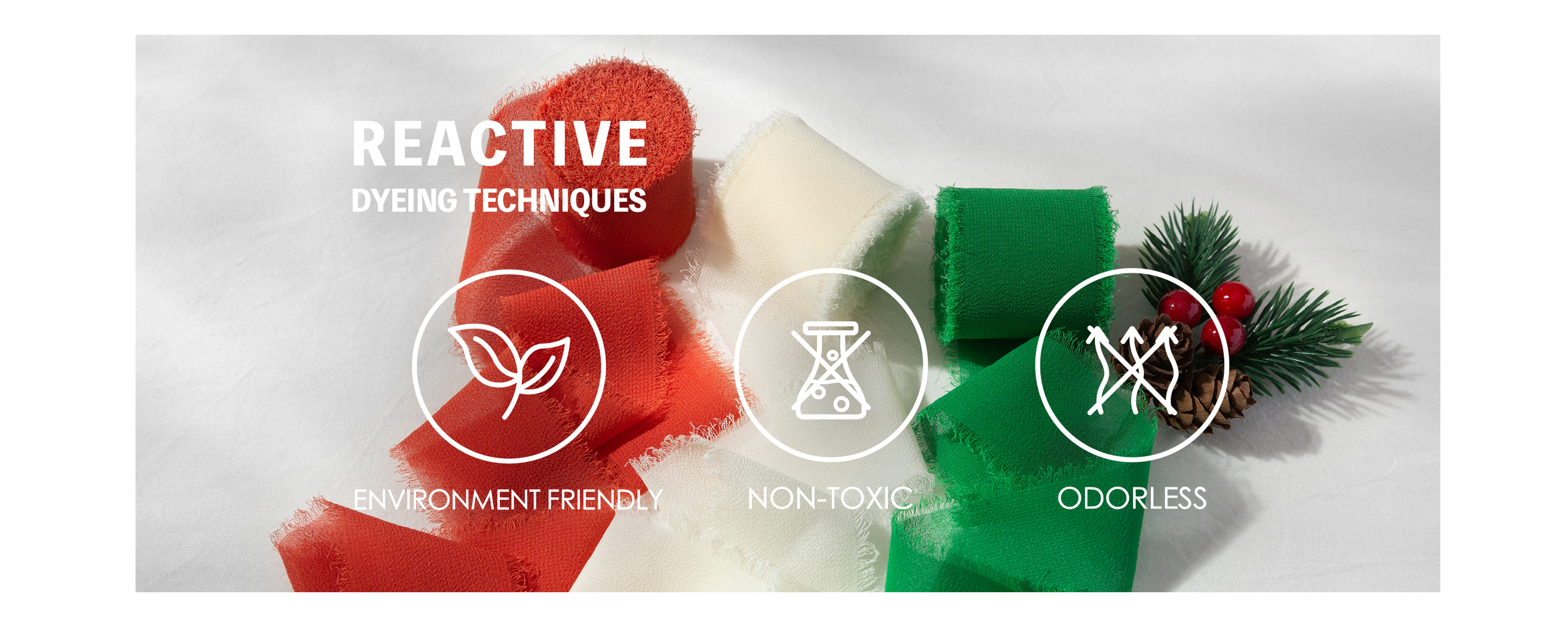 Red, cream, and green frayed chiffon ribbons with pinecone, berries, and product feature icons