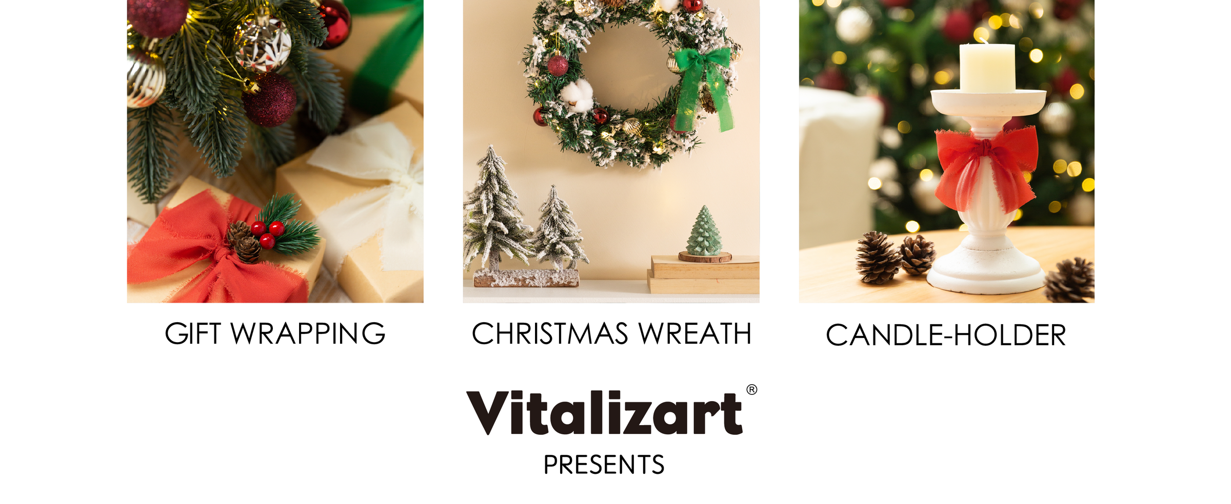 Red and green fringed ribbon used on gift wrapping, a Christmas wreath, and a candleholder.