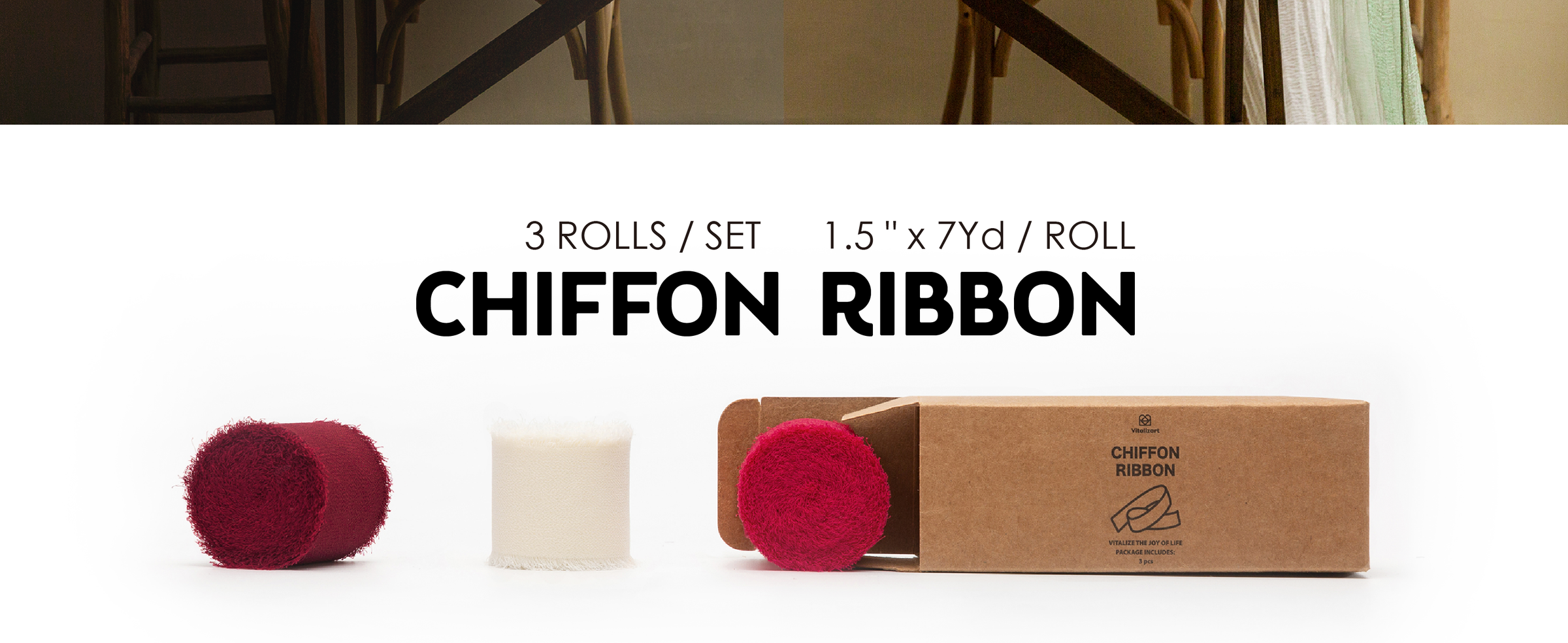 Three rolls of fringed chiffon ribbon in burgundy, white, and bright red-pink with cardboard box.