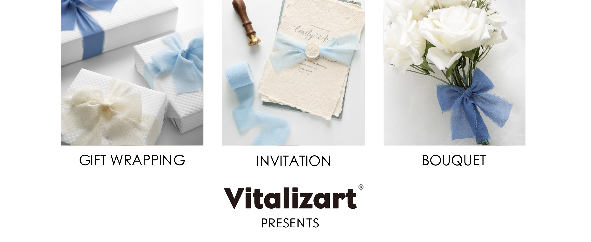Blue and ivory fringed chiffon ribbon decorating gift boxes, an invitation, and a white rose bouquet.