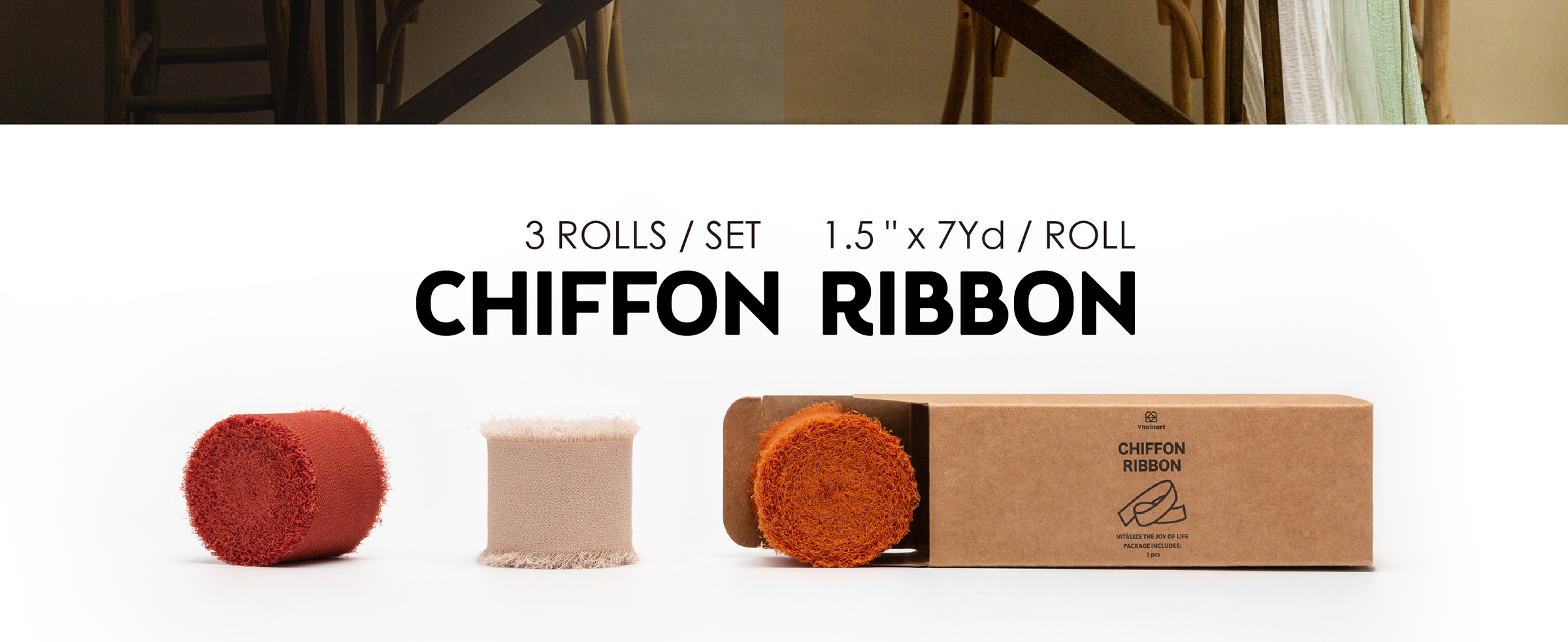 Three rolls of rust, cream, and burnt orange fringed chiffon ribbon beside kraft packaging.