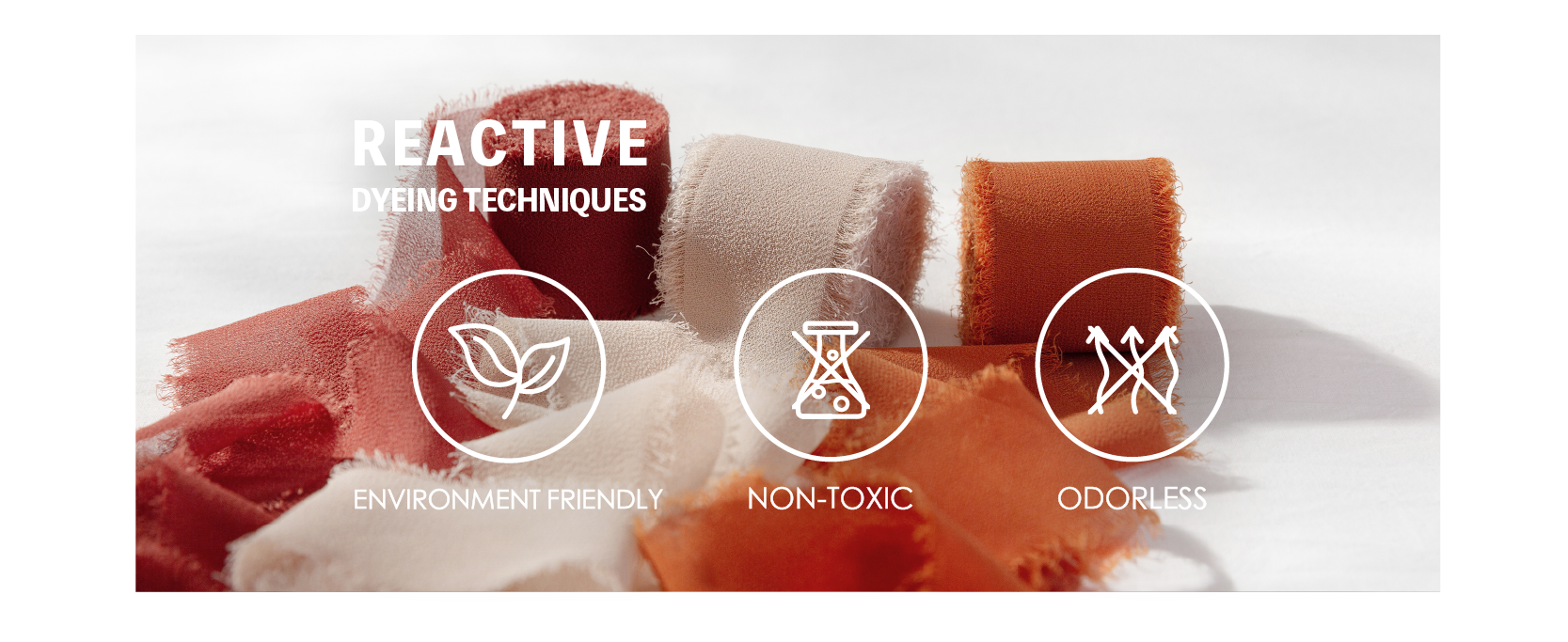 Rust, cream, and orange fringed chiffon ribbons with icons for dyeing-related product features.